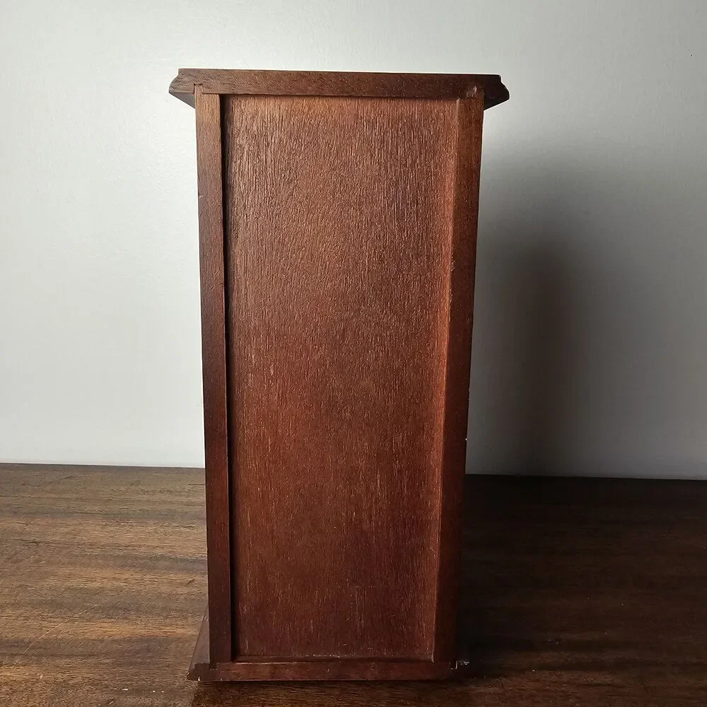 Vintage Wooden Tabletop Jewelry Armoire with Etched Floral Glass Door